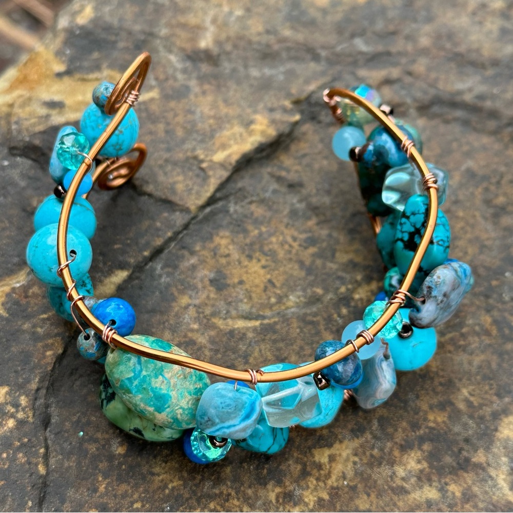 Turquoise crystal chunky gemstone cuff Wire Bracelet